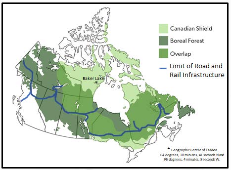 Figure 1: Limit of land based transportation infrastructure in Canada [2]